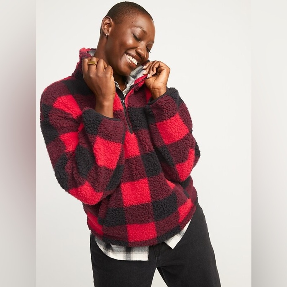 Old Navy Cozy Red & Black Buffalo Check Sherpa Quarter-Zip Pullover